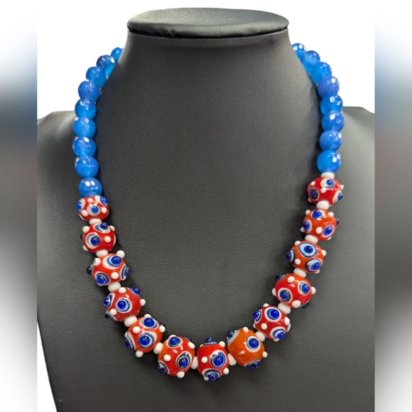 Jewelry - Lampwork Glass Bumpy Bead Necklace Red White Blue